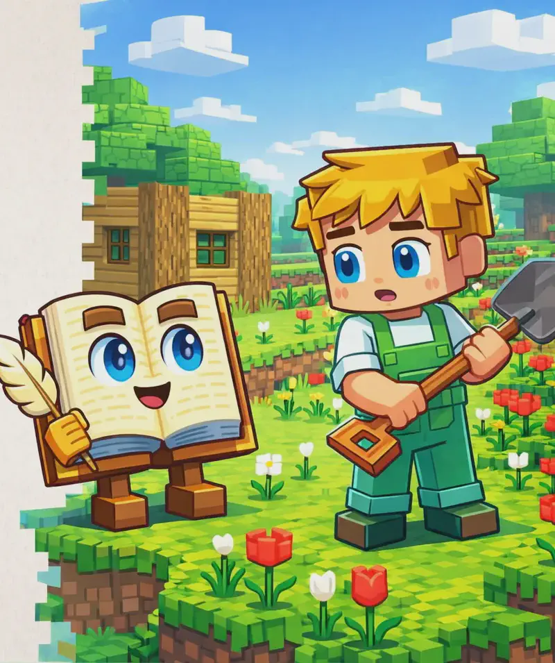 On the right side of the image, Ned stands on a sunny grassy hillside holding a wooden shovel, turning it over in his hands with a slightly uncertain, curious expression. Red flowers and tulips dot the green grass around him. The Book stands nearby next to the small wooden shed, its cream-colored pages open, brown hardcover spine visible, standing on its two short blocky brown legs, with its large round bright blue eyes looking at Ned as if giving instructions, and a tan quill feather pen in its right hand. The outdoor scene has bright blue skies, lush green trees, and warm sunshine. The left ~40% of the image is plain light background for text overlay.