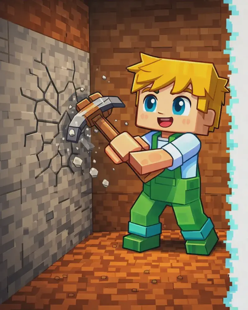 On the left side of the image, Ned stands inside a narrow tunnel carved into a brown earth and stone hillside, facing a cracked stone wall. He holds his wooden pickaxe mid-swing, striking the wall with a determined, excited expression. Cracks radiate outward from the point of impact on the stone surface like a spider's web, with chunks of rock beginning to break away. The right ~40% of the image is plain light background, clear of any detail.