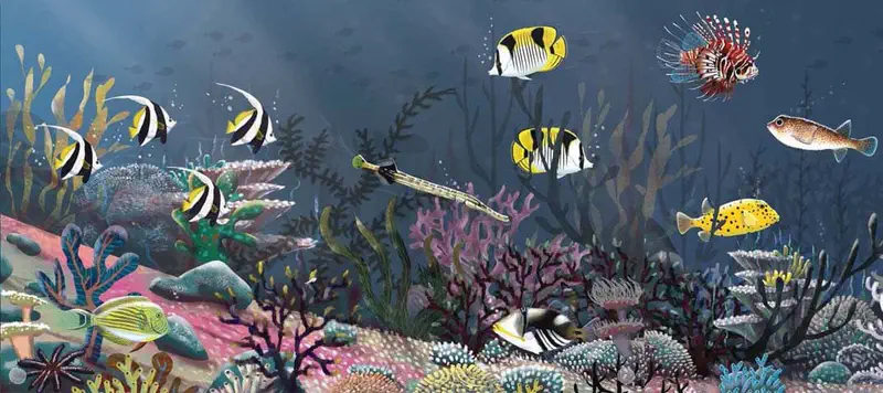 Vibrant coral reef scene with striped butterfly fish, lionfish, pufferfish, and colorful corals in deep blue water.