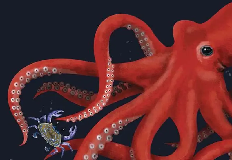 Large red octopus with curling tentacles and suction cups reaching toward small blue crab in dark ocean.
