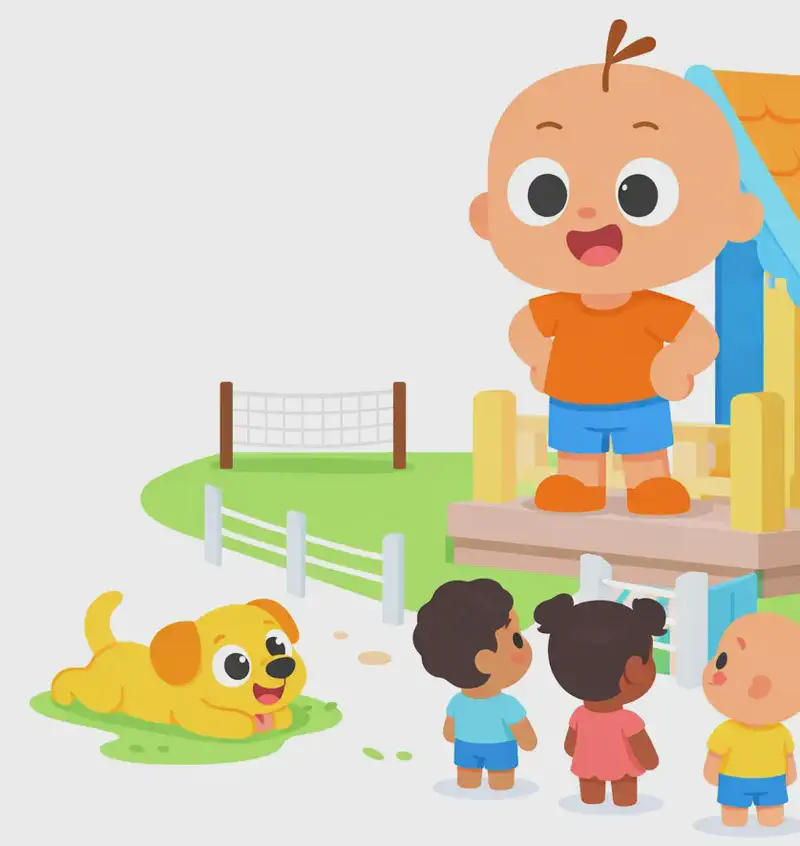 On the right side of the image, Vic stands on the porch of a house with hands on his hips in a confident, expectant pose, looking out toward a group of children gathered in the yard below. Dog lies on the ground near the bottom-left of the scene, relaxed and stretching out in the grass. Several children stand along a fence looking up toward Vic with curious expressions, while a volleyball net is visible in the yard, setting an outdoor after-school atmosphere in bright daylight.