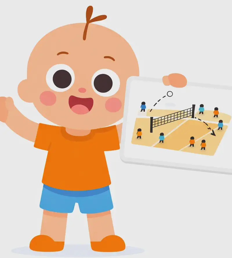 On the left side of the image, Vic holds up a diagram of a volleyball court, showing an overhead view with players positioned on both sides of a net. A dashed arrow on the diagram shows the ball's trajectory arcing to a gap where no one stands on the opposing side. Vic looks out at the viewer with an instructive expression, watching to make sure the audience understands. The background is plain white, leaving the right side open.