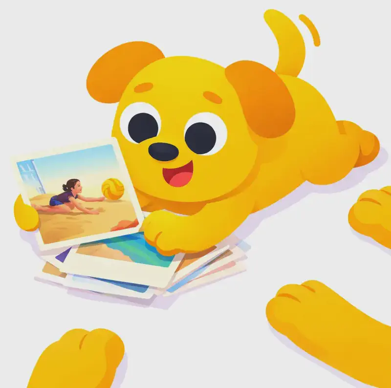 On the right side of the image, Dog is lying on its belly holding a stack of photographs in one paw, looking down at the top photo with tail wagging. The top photo shows a person diving across sandy beach to reach a volleyball, with a net visible in the background. Several of Dog's paws are visible around the edges of the frame as it browses through the photos. The scene is set against a plain white background.