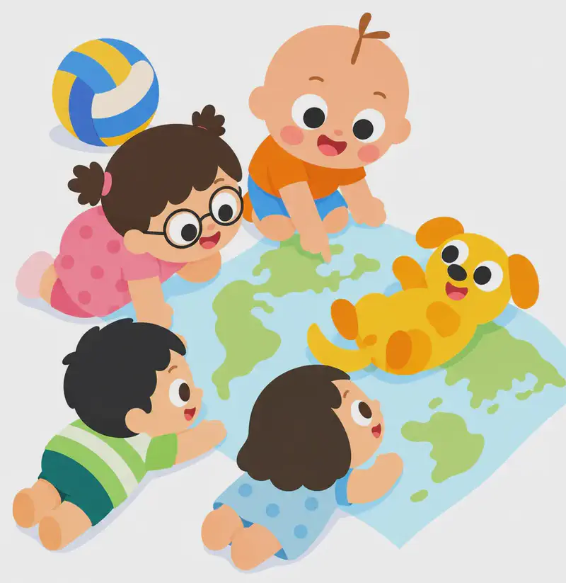 On the left side of the image, Vic kneels on the floor and stretches a large world map across the ground, pointing down at various locations with one hand while two children gather around him, looking down at the map with curious expressions. A volleyball sits nearby in the upper left. Dog lies on its back right in the middle of the world map, relaxed and playful, rolling around. A child with glasses watches Dog and grins. The right side of the image is plain white background.
