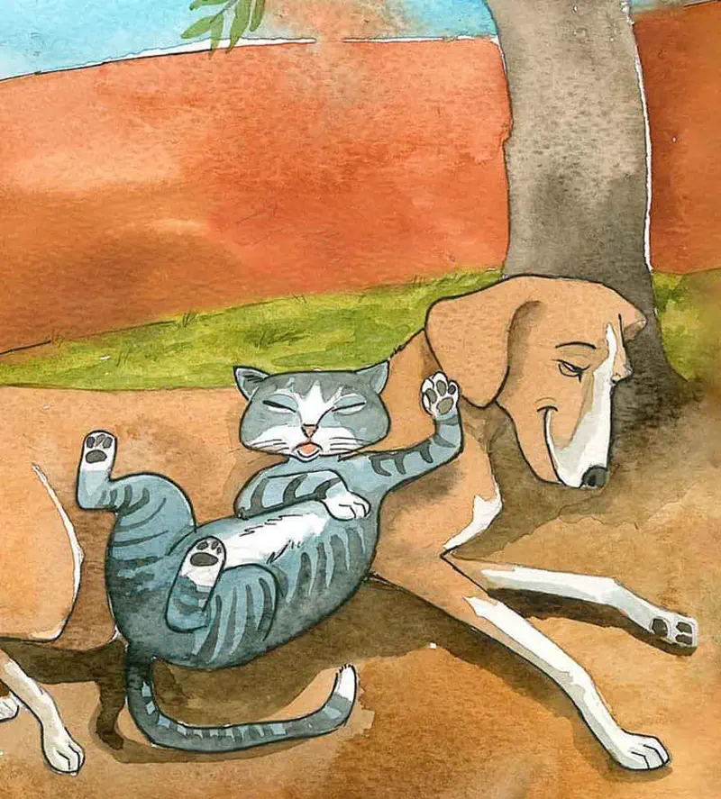 Happy gray cat and brown dog sleeping together peacefully under tree on farm