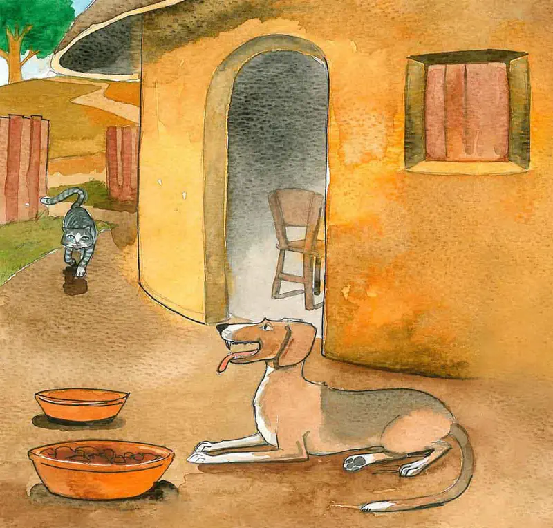 Brown dog lying by food bowls outside orange house as cat approaches from yard