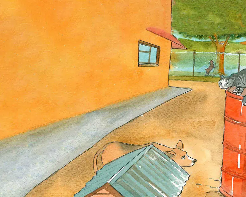 Dog hiding behind corrugated metal sheet while gray cat watches from red barrel on farm