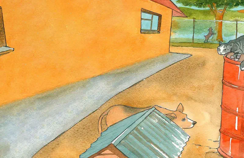 Dog hiding behind corrugated metal sheet while gray cat watches from red barrel on farm