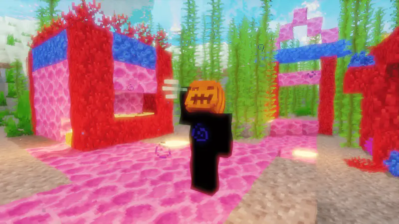 Minecraft pumpkin-headed character standing on pink coral in a colorful underwater reef with red and blue coral formations.