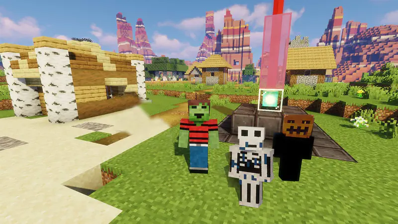 Three Minecraft characters - zombie in red striped shirt, skeleton, and pumpkin-headed figure - standing in a village with mountains in the background.