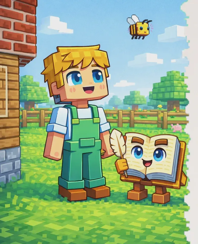 On the left side of the image, Ned stands in a three-quarter view facing right, looking upward with a curious expression, having just noticed a bee flying past the yard. The Book stands upright beside him on the grass in its anthropomorphic form — an open book with cream pages, brown hardcover spine, bright blue eyes on its open pages, and a tan quill pen in its right hand, standing on short blocky brown legs. They are positioned in front of a suburban American house with a wooden fence and green yard, with trees visible in the background. A single bee buzzes through the air ahead of Ned. A small pink pig is faintly visible in the background yard area. The right ~40% of the image is plain light background, clear for text overlay.