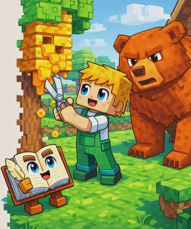 On the right side of the image, Ned stands on bright green grass, using shears to extract bright golden honeycombs dripping like golden fruit from a large beehive structure. His expression is excited and eager. The Book lies open on the ground to the lower left, looking up urgently as if telling Ned to hurry. A large orange bear looms close to the hive area. The scene is set outdoors in daylight with trees and wooden structures in the background, rendered in a blocky, Minecraft-inspired style. The left side of the image is plain background, clear for text overlay.