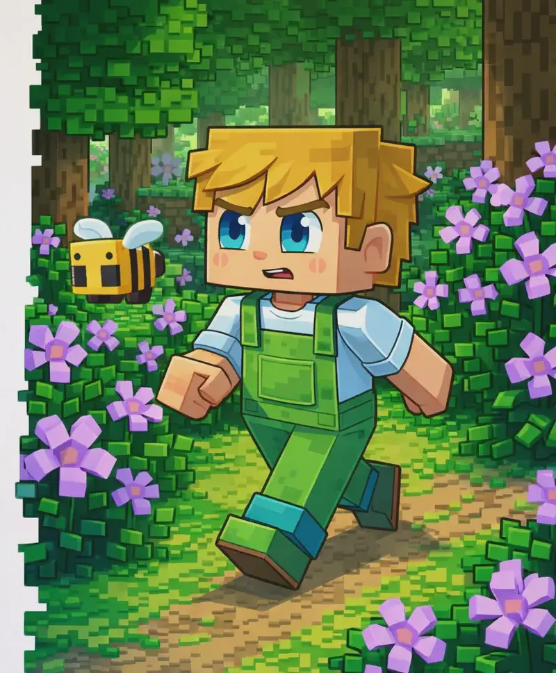 On the right side of the image, Ned is walking forward with a determined expression, following a bee through a lush outdoor scene with tall trees and bushes bursting with purple flowers. The bee flies just ahead of him among the purple flowers. The left side of the image is plain background, clear for text overlay.