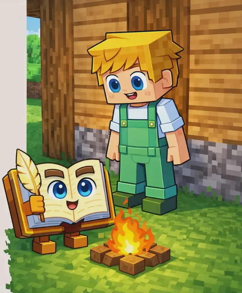 On the right side of the image, Ned stands in front of a wooden house, looking down attentively at The Book. The Book sits open on the green grass nearby in its anthropomorphic form — cream pages with bright blue eyes and an instructive expression, holding a tan quill pen, standing on short blocky brown legs — appearing to share a plan. A small campfire with orange flames crackles on the ground between them. The scene is set outdoors on a bright day with green grass and the wooden structure of the house visible behind Ned. The left side of the image is plain background, clear for text overlay.