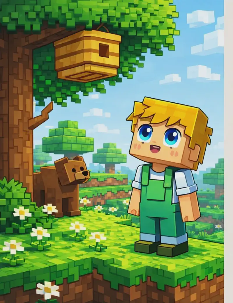 On the left side of the image, Ned stands on a grassy hillside, looking upward with wide eyes full of wanting toward a beehive nestled in a large tree above him. The outdoor scene features green grass, white wildflowers, and trees under a bright daytime sky. A bear stands in the foreground on the left side of the scene. The right ~40% of the image is plain background with no detail.