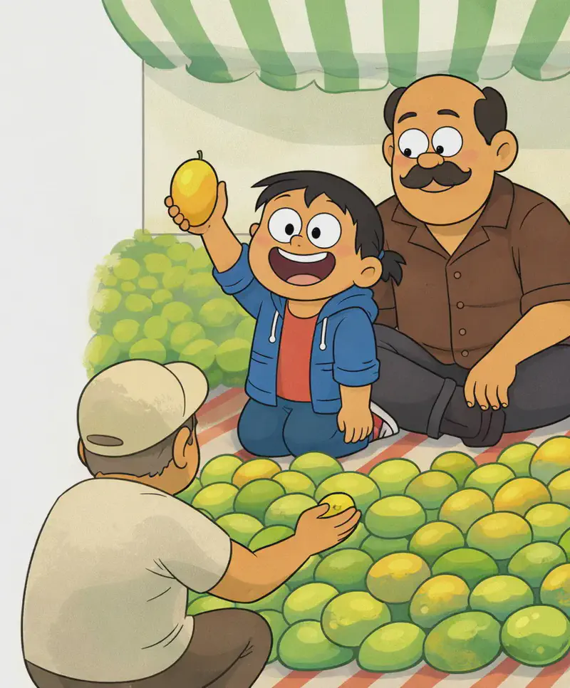 On the right side of the image, Narrator and Dad sit together on a striped blanket at a farmers' market stall under a green-and-white striped awning, with piles of mangoes spread out in front of them. Narrator is kneeling and grinning widely, holding up a perfect mango, while Dad sits beside her smiling warmly. A customer is crouched in the foreground, reaching toward the mangoes to inspect them. The left side of the image is plain light background.