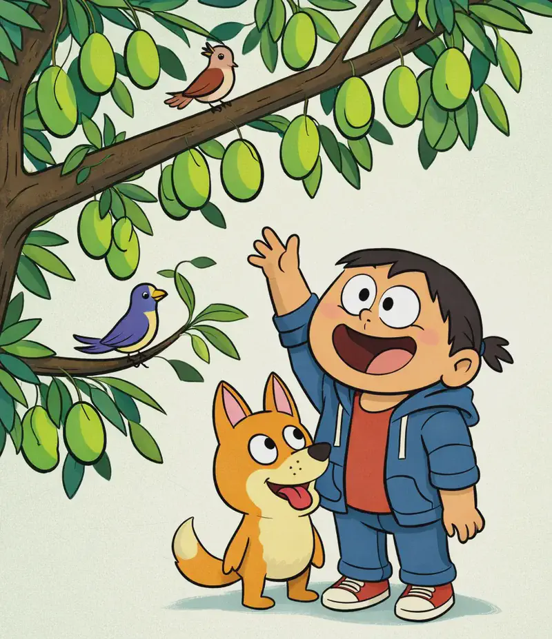 On the left side of the image, the Narrator stands beneath a large mango tree, smiling broadly and reaching one hand up toward the hanging mangoes with an excited expression. The Dog sits close beside the Narrator, looking up at the tree as well. The tree's branches stretch across the upper-left portion of the frame, heavy with green mangoes and lush leaves, while the right side of the image is open, plain background. Two birds are perched on the tree branches — a small brown bird on an upper branch and a colorful blue-and-yellow bird on a lower branch.