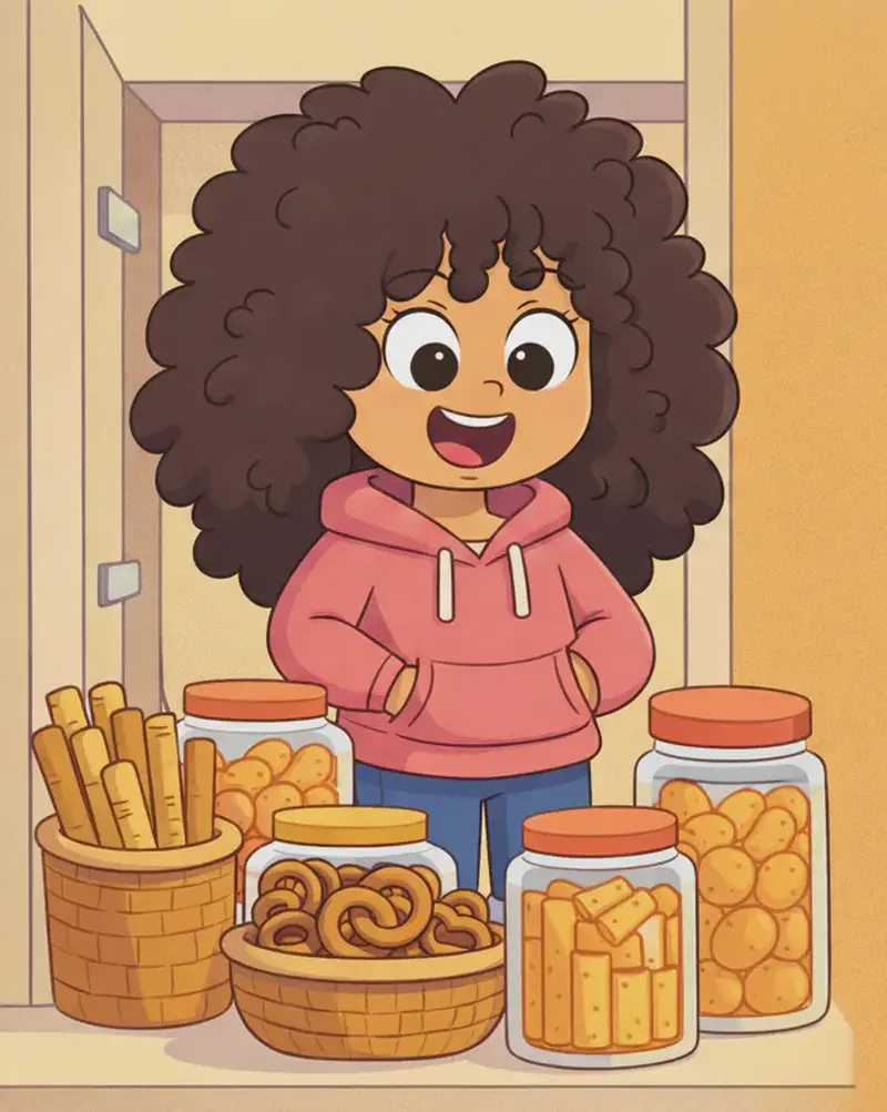 On the left side of the image, Girl stands behind an open cupboard, grinning broadly as she looks at an assortment of snack-filled jars and baskets in front of her. The shelves display a mix of curly snacks (pretzels, cheese puffs) and straight snacks (breadsticks, crackers) in various jars and baskets. The right side of the image is plain golden-tan background, left open for text.