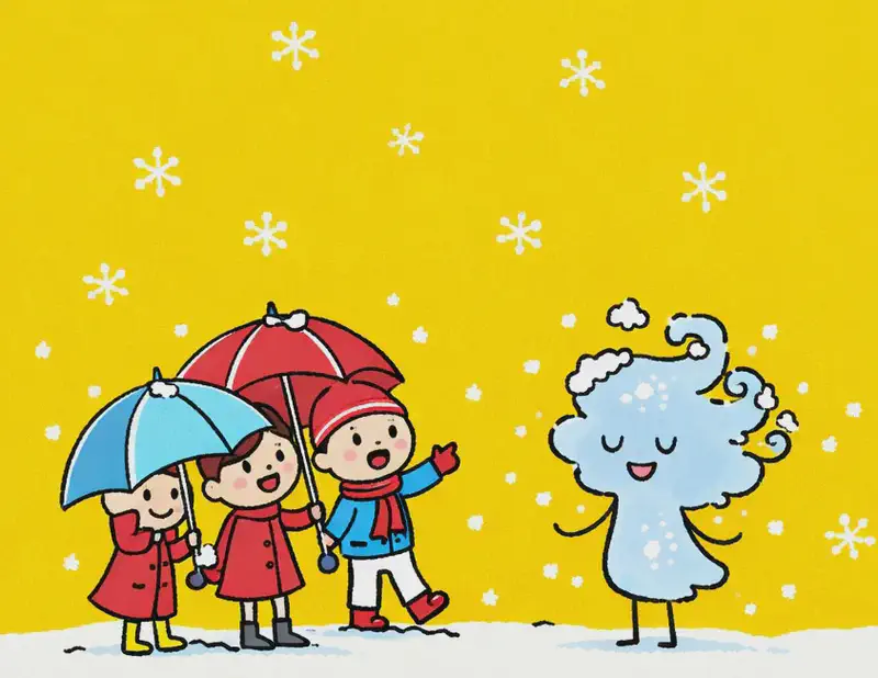 Girl Made of Air stands on the left-center of the image on a snowy ground, nearly invisible against the bright yellow background, with snowflakes resting on her head and shoulders — making her faint outline just barely visible. She has a calm, quiet expression with closed crescent-shaped eyes. To the far left, two children with umbrellas point toward her with bright, happy expressions, and in the center-left, a child in winter clothes pauses mid-step, holding a snowball, looking toward Girl Made of Air with delighted surprise. Snowflakes drift down across an outdoor snowy scene against a vivid yellow sky.