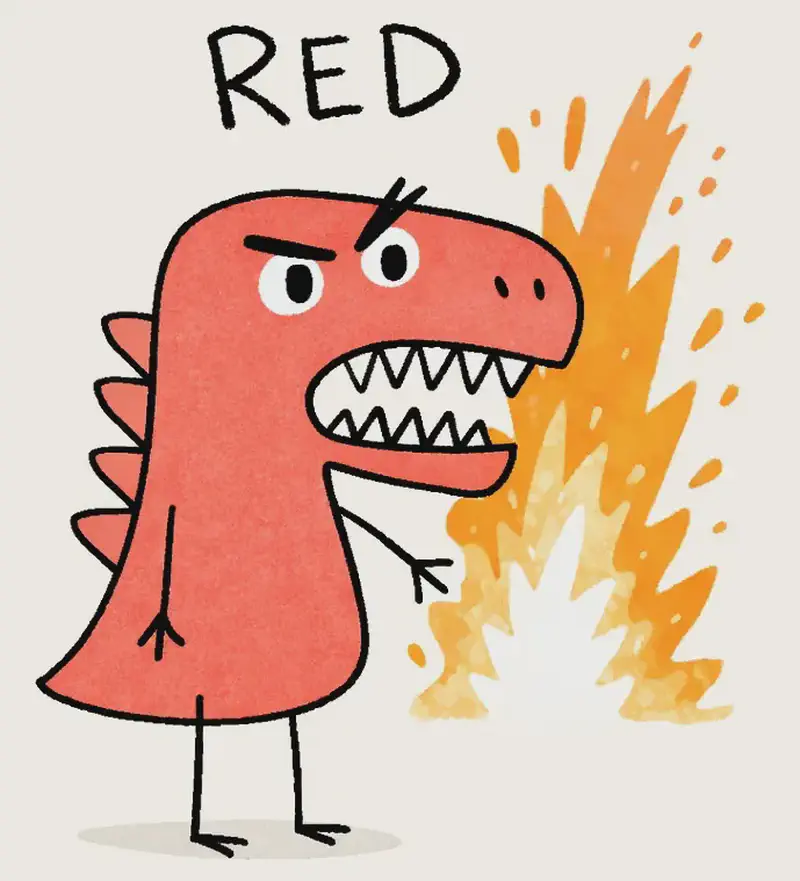 On the left side of the image, Red Dinosaur stands facing forward with a fierce, determined expression — eyes narrowed and mouth open wide showing sharp zigzag teeth, as if roaring. The word "RED" is painted above Red Dinosaur's head. Behind and to the right of Red Dinosaur, a burst of bright orange and white suggests an eruption of hot lava or fire crackling in the air, reinforcing the page's theme of heat and power. The right side of the image is open, plain background suitable for text overlay.