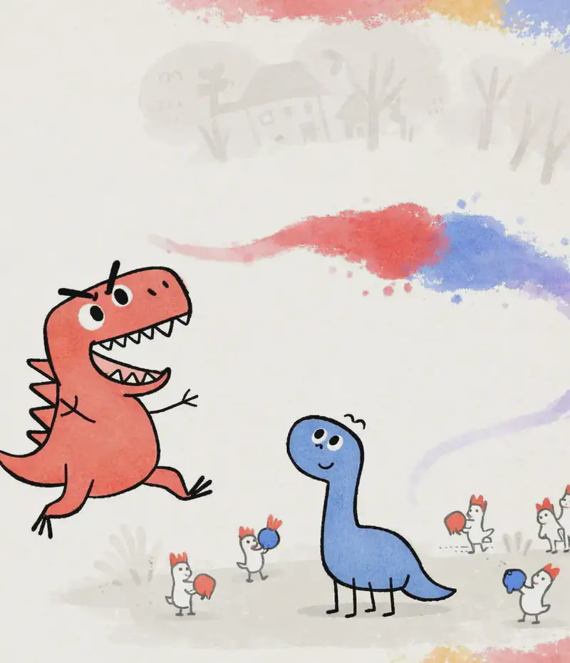 On the right side of the image, a red paint blob and a blue paint blob stream toward each other like colors on a television screen, their trails merging where they meet — illustrating the mixing of red and blue. Red Dinosaur is leaping excitedly with mouth wide open in a big toothy grin, looking energetic and playful. Blue Dinosaur sits below, gazing upward with a calm, curious expression. The background is a soft, pale wash with faint silhouettes of plants and houses, and colorful paint splatters frame the edges. Several small white creatures with red crests are scattered around both dinosaurs.