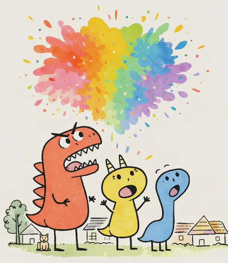 On the left side of the image, Red Dinosaur, Yellow Dinosaur, and Blue Dinosaur stand together in a suburban neighborhood, staring up in wonder with wide eyes and open mouths. They tower above the small houses and trees around them, with a vibrant, colorful explosion of every color imaginable filling the sky behind them — splashes of rainbow hues suggesting a spectacular, magical moment. A small cat sits near one of the houses in the lower-left corner.