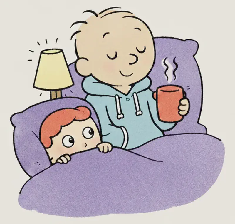 On the left side of the image, Pa sits upright on a bed propped against a purple pillow, holding a steaming red mug of hot drink, with a warm, content expression and eyes gently closed as if mid-story. The Narrator is tucked into bed beside him, peeking out from under the purple blanket with wide, attentive eyes, listening. A small bedside lamp glows softly behind them. The right side of the image is plain bright yellow background, leaving space for text.