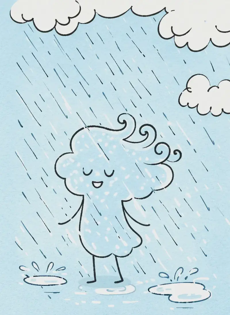 On the right side of the image, Girl Made of Air stands in the rain, her translucent form barely visible as raindrops fall around and through her, revealing her subtle shape with small, gentle closed crescent-shaped eyes peeking out. She appears calm and still, standing beneath white clouds on a soft blue background, with rain puddles and splashes forming at her feet on the ground. The left side of the image is plain light blue, left open for text.