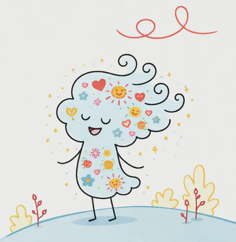 On the right side of the image, Girl Made of Air stands on a gentle blue hill, with yellow-painted closed crescent-shaped eyes and a peaceful, contented smile. Her translucent body is filled with colorful painted images of things she loves — hearts, stars, a sun, flowers, a smiley face, and other cheerful doodles — making her visibly radiant with small sparkles emanating around her. Her swirly white-blue hair flows with curling wisps, also filled with painted objects. A looping red swirl floats in the sky above, and small red flowering plants and yellow leafy bushes dot the hillside around her. The left side is open white background. The scene is bright and outdoors with a joyful, celebratory mood.