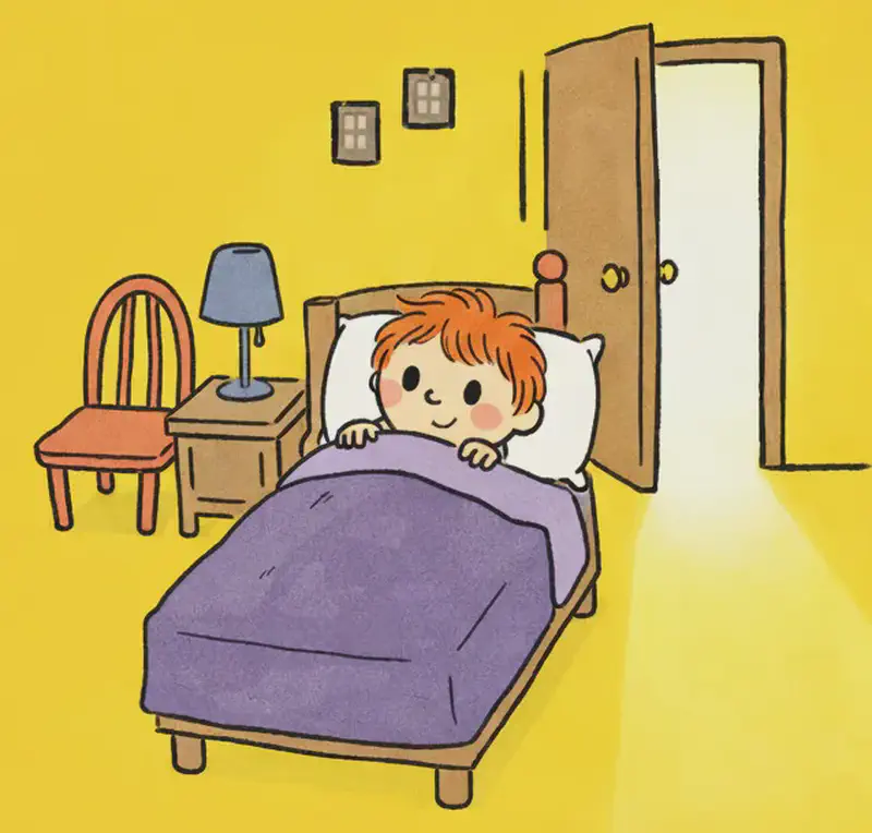 On the right side of the image, the Narrator is lying in bed, tucked under the covers with just their head visible on the pillow, eyes open with a slightly anxious expression. The bedroom door on the far right is creaking open, with bright light spilling in from the hallway — but no one is there. A chair and a bedside lamp sit beside the bed, and small pictures hang on the wall above. The left side of the image is plain yellow background. The scene is set indoors at nighttime, with an eerie, suspenseful mood created by the mysteriously opening door and the empty doorway.