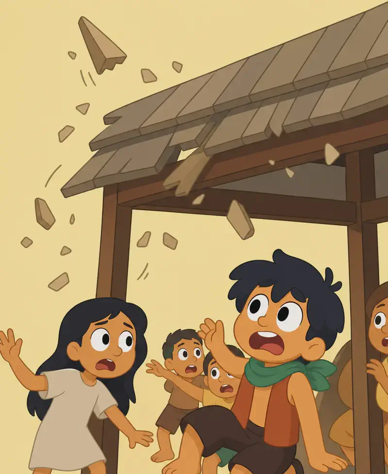 On the right side of the image, Bam stands beneath a wooden porch with a shingled roof, looking up with a startled, scared expression as the roof shakes and debris and dust fall from above onto his head. His mouth is open wide as if screaming, and his body is tense with alarm. He wears his orange/rust sleeveless top and green neckerchief. The scene is set outdoors in warm, golden daylight with a plain warm-toned background on the left. Nearby, a girl with her hand raised looks worried, and two other children huddle together under the shaking structure alongside Bam.