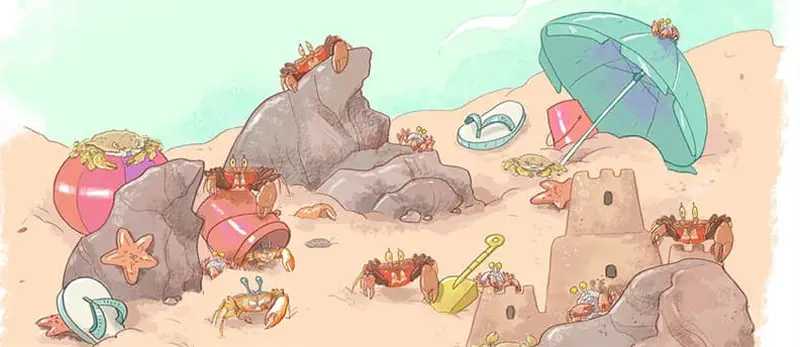Beach scene with crabs exploring around rocks, sandcastle, beach umbrella, bucket, shovel, and starfish on sandy shore.