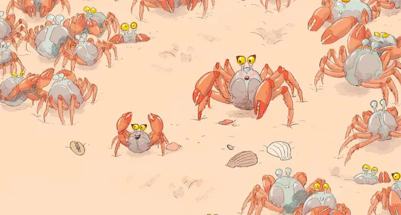 Large group of orange crabs with yellow eyes gathered on sandy beach, including a small excited baby crab surrounded by adult crabs.