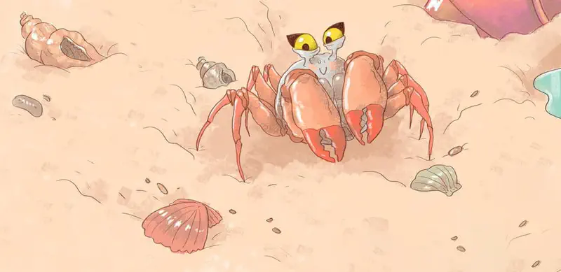 Orange crab with bright yellow eyes and large claws standing on sandy beach surrounded by colorful seashells and a conch shell.