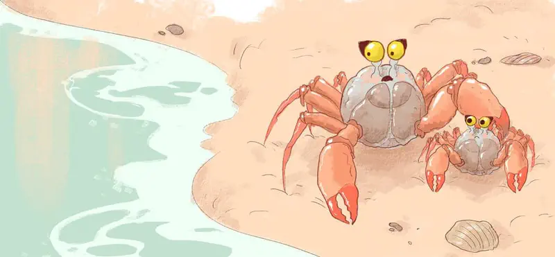 Adult crab and baby crab standing together at the water's edge on sandy beach with gentle waves and seashells nearby.