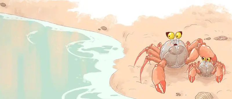 Adult crab looking surprised while holding baby crab, standing at water's edge on sandy beach with gentle waves nearby.