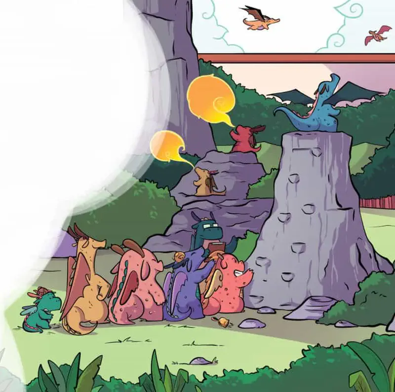 Colorful dragons at school playground with climbing wall, dragons breathing fire, flying in sky, and sitting together with a teacher dragon reading.