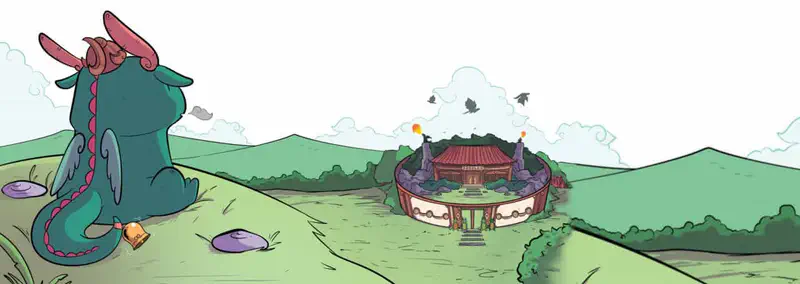 Teal dragon with horns sitting on hilltop with bell, gazing at distant dragon school temple with red roof and flame torches.