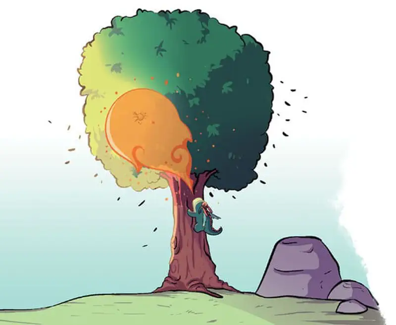 Large tree with lush green leaves being scorched by dragon fire, with teal dragon hiding against the trunk and a rock nearby.