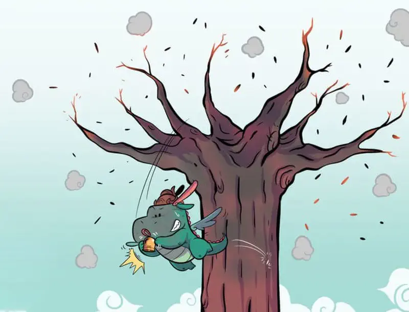 Happy teal dragon flying past bare autumn tree holding golden bell, with smoke clouds scattered around against blue sky.