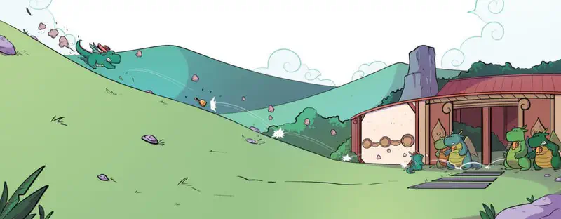 Dragon school yard with small teal dragon tumbling down grassy hill while adult dragons watch from building with circular door.