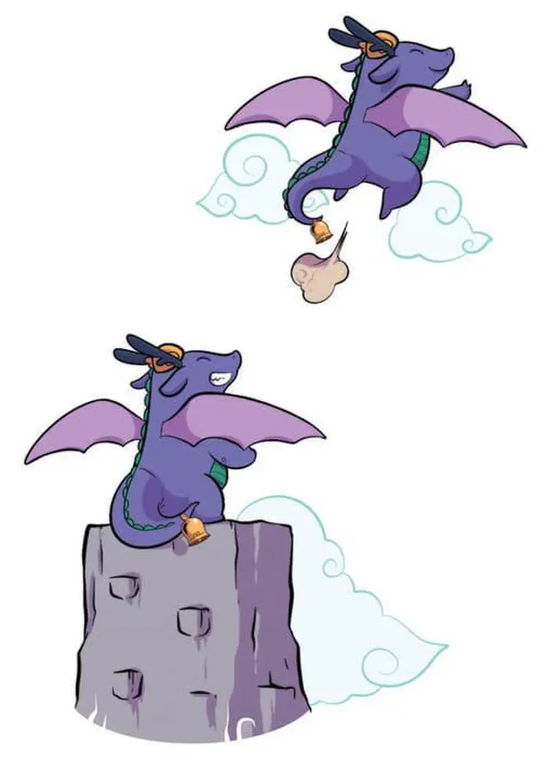 Two panels showing purple dragon with glasses flying through clouds holding bell, then landing on top of rock climbing wall.