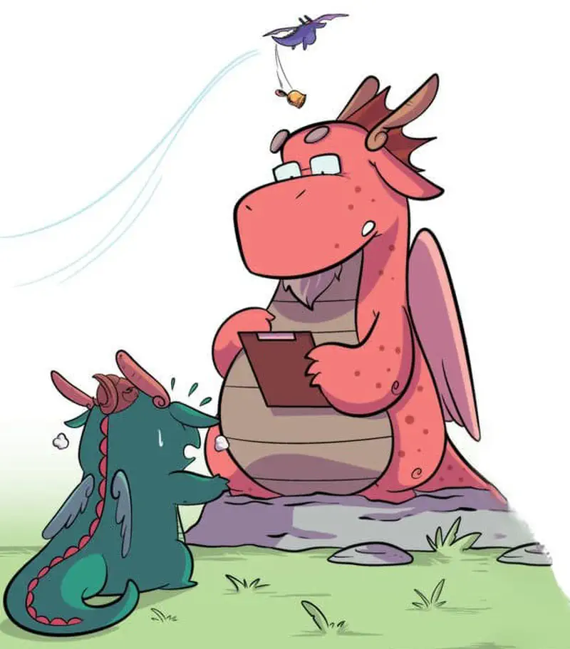 Large pink dragon teacher with clipboard talking to small nervous teal dragon, while purple dragon flies overhead carrying bell.