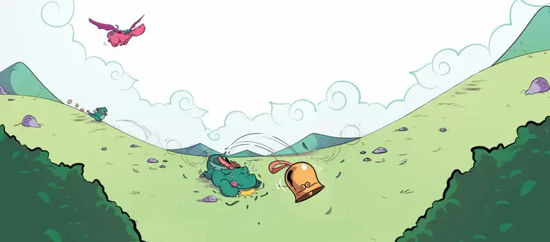 Teal dragon crashed on grassy valley floor next to golden bell, with pink dragon flying overhead and mountains in background.