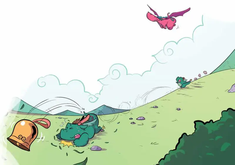 Teal dragon fallen on grassy hillside with bell nearby, while pink dragon flies overhead and other dragons watch from distant hills.