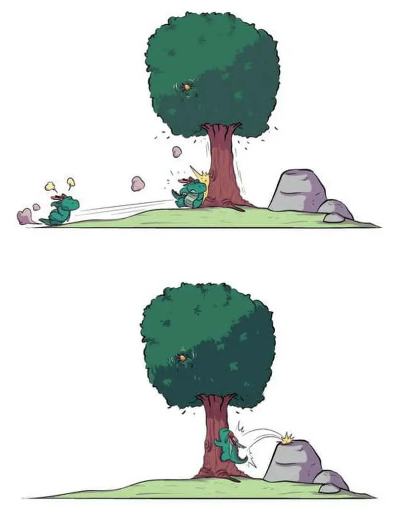 Two comic panels showing teal dragon running toward tree and crashing into rock while bell flies off, at dragon school.