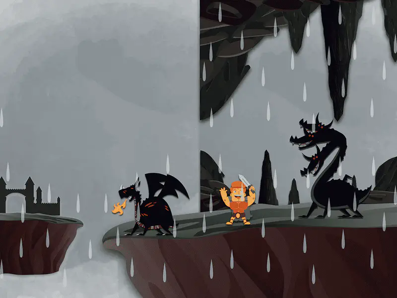 Viking warrior with sword facing dragons on cliff ledges in rainy dark landscape