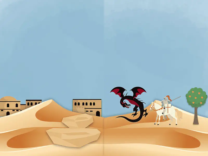 Knight on white horse with shield facing black dragon in sandy desert town