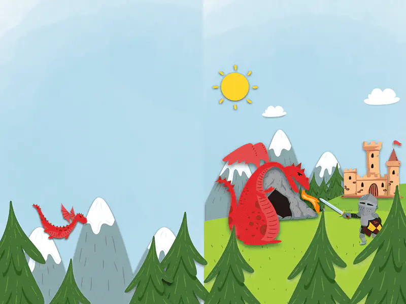 Red dragon flying over mountains and knight fighting fire-breathing dragon near castle