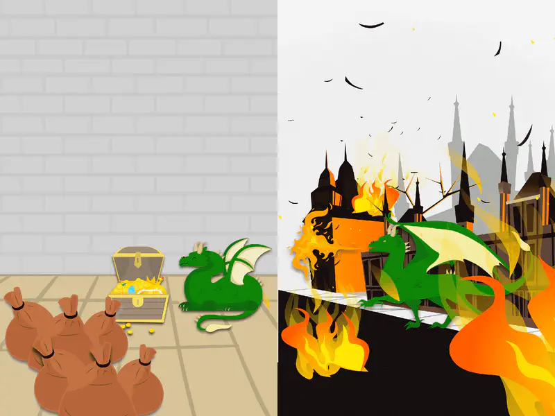 Green dragon guarding treasure chest with roast chicken and dragon burning medieval city